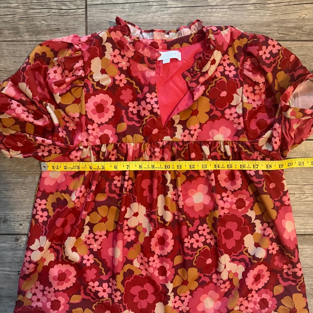 Sugarlips Pink Floral Babydoll Blouse Ruffle Split Neck Puff Sleeve Top STT16780 - Picture 9 of 9